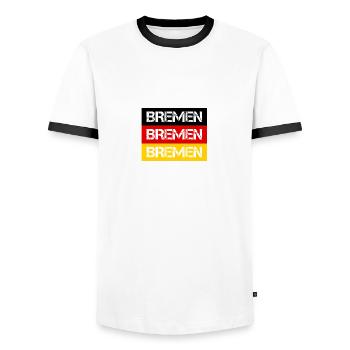 STADT BREMEN, DEUTSCHLAND - Männer Kontrast-T-Shirt - Weiß/Schwarz - Vorne - AI Model Female 172 light (172cm) & AI Model Male 178 dark (178cm)