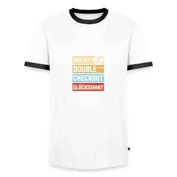 Double Checkout Darts Player Darts Darts - Men's Ringer Shirt - white/black - Front - AI Model Female 172 light (172cm) & AI Model Male 178 dark (178cm)