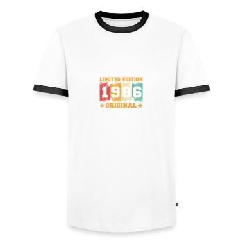 38th Birthday Born 1986 Birthday Gift - Men's Ringer Shirt - white/black - Front - AI Model Female 172 light (172cm) & AI Model Male 178 dark (178cm)