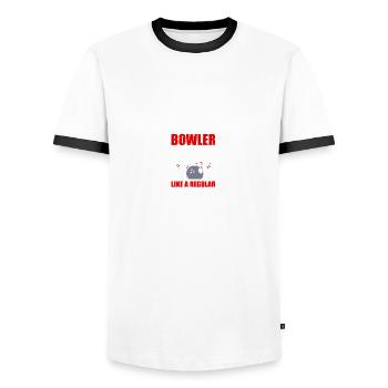 Left handed Bowler Bowling Bowlingspieler Bowler - Men's Ringer Shirt - white/black - Front - AI Model Female 172 light (172cm) & AI Model Male 178 dark (178cm)