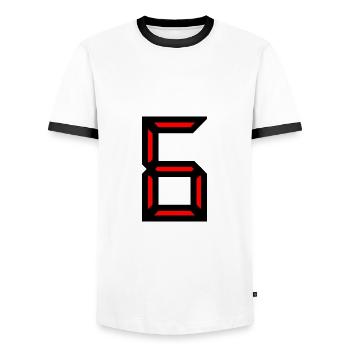 6. 6 YEARS. 6th ANNIVERSARY. BIRTHDAY 6 YEARS. SIX - Men's Ringer Shirt - white/black - Front - AI Model Female 172 light (172cm) & AI Model Male 178 dark (178cm)