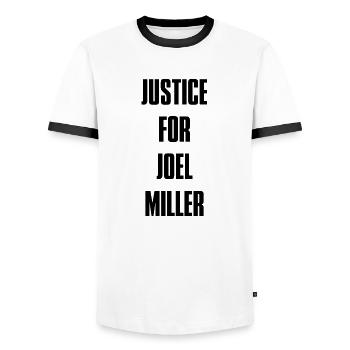 Justice For Joel Miller - Black Text - Men's Ringer Shirt - white/black - Front - AI Model Female 172 light (172cm) & AI Model Male 178 dark (178cm)
