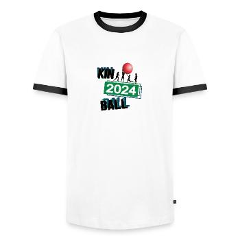 Kinball Spieler Team Turnier Mannschaft in 2024 - Männer Kontrast-T-Shirt - Weiß/Schwarz - Vorne - AI Model Female 172 light (172cm) & AI Model Male 178 dark (178cm)