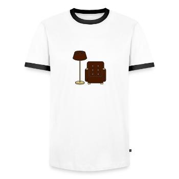 floor_lamp_and_armchair - Men's Ringer Shirt - white/black - Front - AI Model Female 172 light (172cm) & AI Model Male 178 dark (178cm)