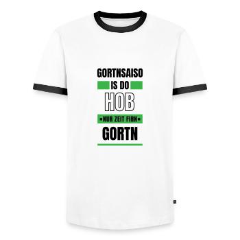 Koi zeit... Gortnsaiso - bayerischer Spruch - Männer Kontrast-T-Shirt - Weiß/Schwarz - Vorne - AI Model Female 172 light (172cm) & AI Model Male 178 dark (178cm)
