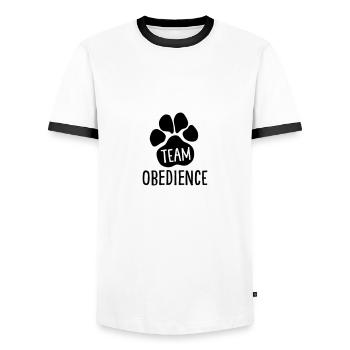Team Obedience - Dog Sports - Dog Paw - Men's Ringer Shirt - white/black - Front - AI Model Female 172 light (172cm) & AI Model Male 178 dark (178cm)