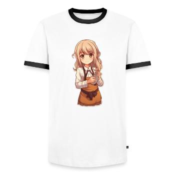 Kawaii Anime Girl at Work - Men's Ringer Shirt - white/black - Front - AI Model Female 172 light (172cm) & AI Model Male 178 dark (178cm)