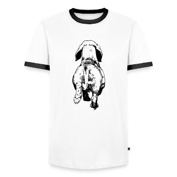 Dachshund Dog Drawing from Behind Dog - Men's Ringer Shirt - white/black - Front - AI Model Female 172 light (172cm) & AI Model Male 178 dark (178cm)