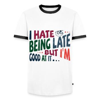 I hate being late but I’m good at it - Männer Kontrast-T-Shirt - Weiß/Schwarz - Vorne - AI Model Female 172 light (172cm) & AI Model Male 178 dark (178cm)