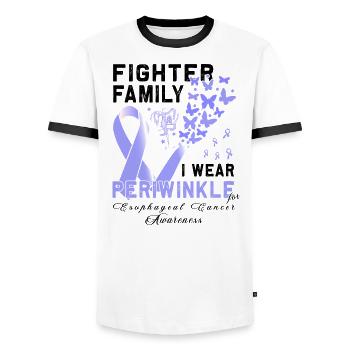 Cancer de l’œsophage du ruban de pervenche en avril - T-shirt contrasté Homme - blanc/noir - Devant - AI Model Female 172 light (172cm) & AI Model Male 178 dark (178cm)
