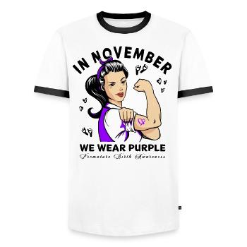 Arc violet conscient de la naissance prématurée - T-shirt contrasté Homme - blanc/noir - Devant - AI Model Female 172 light (172cm) & AI Model Male 178 dark (178cm)