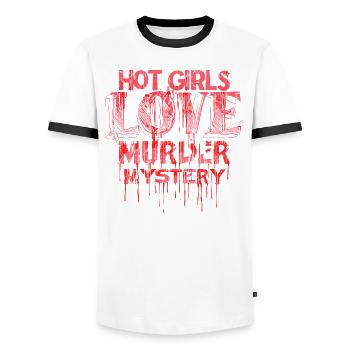Murder Mystery Dinner plays the victim - Men's Ringer Shirt - white/black - Front - AI Model Female 172 light (172cm) & AI Model Male 178 dark (178cm)