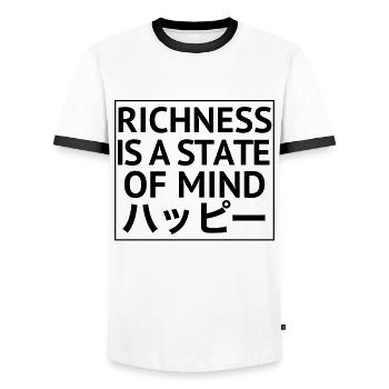 Wealth is a state of mind - Men's Ringer Shirt - white/black - Front - AI Model Female 172 light (172cm) & AI Model Male 178 dark (178cm)