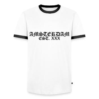 Amsterdam est. xxx - T-shirt contrasté Homme - blanc/noir - Devant - AI Model Female 172 light (172cm) & AI Model Male 178 dark (178cm)