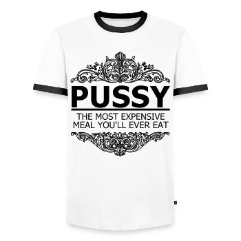 Vagina: The most expensive you have ever eaten. - Men's Ringer Shirt - white/black - Front - AI Model Female 172 light (172cm) & AI Model Male 178 dark (178cm)