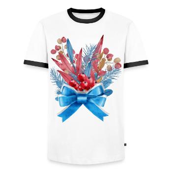Blue-Red Leaves Bouquet with Blue Ribbon - Men's Ringer Shirt - white/black - Front - AI Model Female 172 light (172cm) & AI Model Male 178 dark (178cm)