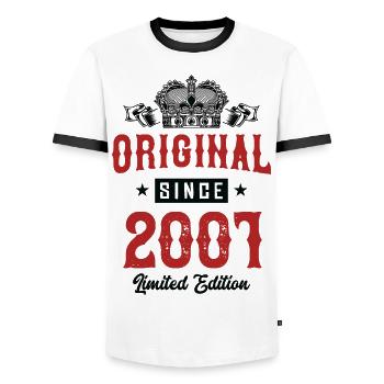 2001 limited edition - Men's Ringer Shirt - white/black - Front - AI Model Female 172 light (172cm) & AI Model Male 178 dark (178cm)