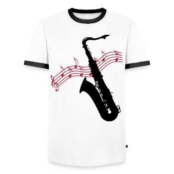 Saxophone / Jazz / Music - Men's Ringer Shirt - white/black - Front - AI Model Female 172 light (172cm) & AI Model Male 178 dark (178cm)