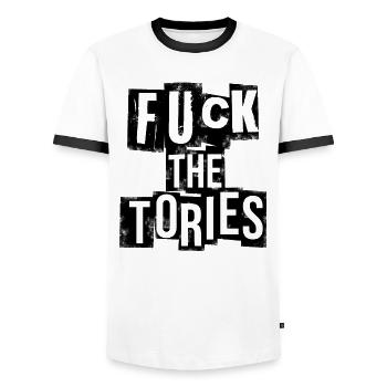 Fuck The Tories Boris Election Funny Anti Tory - Men's Ringer Shirt - white/black - Front - AI Model Female 172 light (172cm) & AI Model Male 178 dark (178cm)
