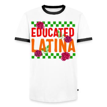 Mexicana Shirt, Educated Latina Rose Floral Women - Men's Ringer Shirt - white/black - Front - AI Model Female 172 light (172cm) & AI Model Male 178 dark (178cm)