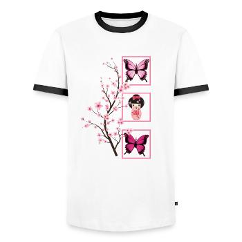 Cherry Blossom Shirt, Sakura Kawaii Japanese Doll - Men's Ringer Shirt - white/black - Front - AI Model Female 172 light (172cm) & AI Model Male 178 dark (178cm)