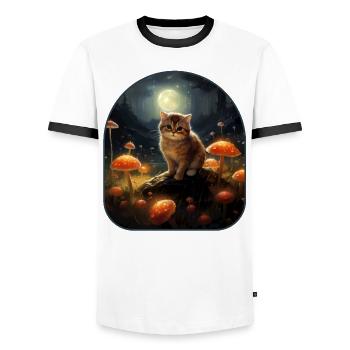Mondbeschienene Pilze Katze in Mondglühen in einem - Männer Kontrast-T-Shirt - Weiß/Schwarz - Vorne - AI Model Female 172 light (172cm) & AI Model Male 178 dark (178cm)