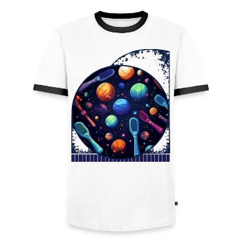Galaxy Space Themed Pickleball Paddles Cosmic - Men's Ringer Shirt - white/black - Front - AI Model Female 172 light (172cm) & AI Model Male 178 dark (178cm)