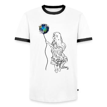 Little girl holds planet earth in her hand - Men's Ringer Shirt - white/black - Front - AI Model Female 172 light (172cm) & AI Model Male 178 dark (178cm)