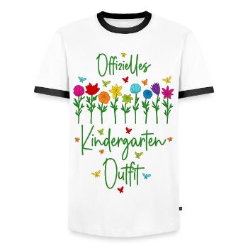 Offizielles Kindergarten Outfit mit bunten Blumen - Männer Kontrast-T-Shirt - Weiß/Schwarz - Vorne - AI Model Female 172 light (172cm) & AI Model Male 178 dark (178cm)