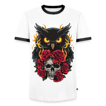 Mystische Eule sitzt auf Skull mit roten Rosen - Männer Kontrast-T-Shirt - Weiß/Schwarz - Vorne - AI Model Female 172 light (172cm) & AI Model Male 178 dark (178cm)