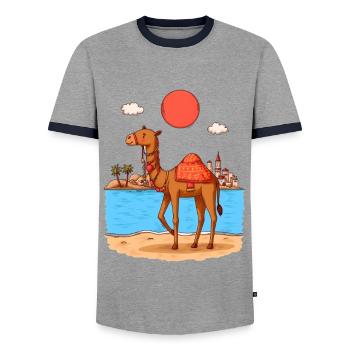 Tunisia Desert Adventure – Camel and Sahara - Men's Ringer Shirt - grey/navy  - Front - AI Model Female 172 light (172cm) & AI Model Male 178 light (178cm)