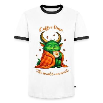 Coffee Time – A Little Coffee Monster - Men's Ringer Shirt - white/black - Front - AI Model Female 172 light (172cm) & AI Model Male 178 dark (178cm)