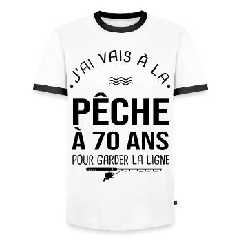 70 ans je vais à la pêche pour garder la ligne - T-shirt contrasté Homme - blanc/noir - Devant - AI Model Female 172 light (172cm) & AI Model Male 178 dark (178cm)
