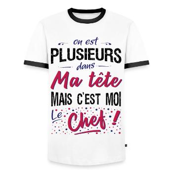 On est plusieurs dans ma tête, c'est moi le chef - T-shirt contrasté Homme - blanc/noir - Devant - AI Model Female 172 light (172cm) & AI Model Male 178 dark (178cm)
