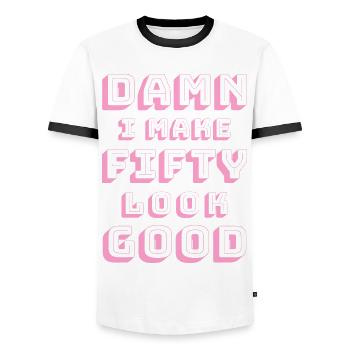 50th birthday - Men's Ringer Shirt - white/black - Front - AI Model Female 172 light (172cm) & AI Model Male 178 dark (178cm)