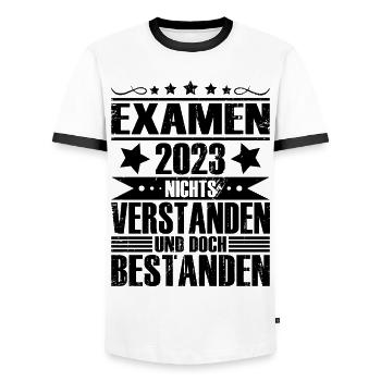Examen 2023 - Männer Kontrast-T-Shirt - Weiß/Schwarz - Vorne - AI Model Female 172 light (172cm) & AI Model Male 178 dark (178cm)