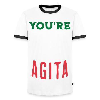You're Giving Me Agita Funny Italian Saying Quote - Men's Ringer Shirt - white/black - Front - AI Model Female 172 light (172cm) & AI Model Male 178 dark (178cm)