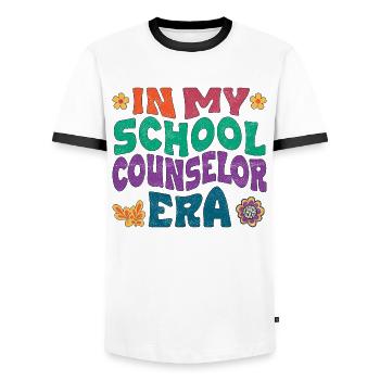 In my school counselor era - Männer Kontrast-T-Shirt - Weiß/Schwarz - Vorne - AI Model Female 172 light (172cm) & AI Model Male 178 dark (178cm)