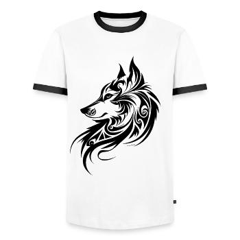 Wolf Silhouette Tribal Tattoo Style Animal Nature Fan - T-shirt contrasté Homme - blanc/noir - Devant - AI Model Female 172 light (172cm) & AI Model Male 178 dark (178cm)