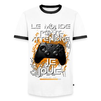 Gamer homme geek ado accro à la console jeux vidéo - T-shirt contrasté Homme - blanc/noir - Devant - AI Model Female 172 light (172cm) & AI Model Male 178 dark (178cm)