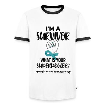 Ovarian Cancer Surviving Ovarian Cancer Fighter - Men's Ringer Shirt - white/black - Front - AI Model Female 172 light (172cm) & AI Model Male 178 dark (178cm)