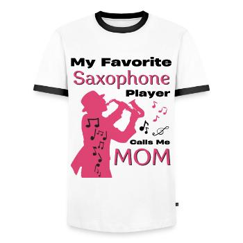 Mein Lieblingssaxophonist nennt mich Mama-Familie - Männer Kontrast-T-Shirt - Weiß/Schwarz - Vorne - AI Model Female 172 light (172cm) & AI Model Male 178 dark (178cm)