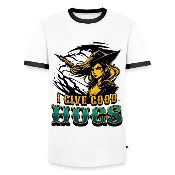 I Give Good Hugs Funny Sarcastic Saying Typography - Men's Ringer Shirt - white/black - Front - AI Model Female 172 light (172cm) & AI Model Male 178 dark (178cm)