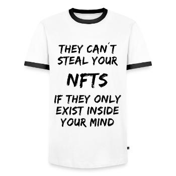Steal your NFTs - Exist inside your mind - Men's Ringer Shirt - white/black - Front - AI Model Female 172 light (172cm) & AI Model Male 178 dark (178cm)