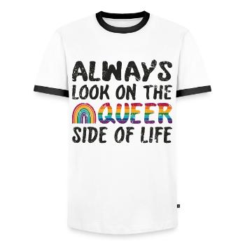 Always look on the Queer side of life - Men's Ringer Shirt - white/black - Front - AI Model Female 172 light (172cm) & AI Model Male 178 dark (178cm)
