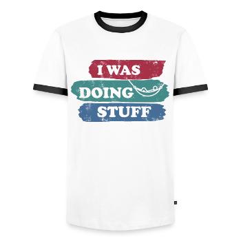 I was doing stuff - Hammock vintage - Men's Ringer Shirt - white/black - Front - AI Model Female 172 light (172cm) & AI Model Male 178 dark (178cm)