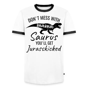 Don’t mess with Mama Saurus - T-shirt contrasté Homme - blanc/noir - Devant - AI Model Female 172 light (172cm) & AI Model Male 178 dark (178cm)