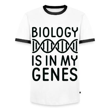 La biologie est dans mes gènes - T-shirt contrasté Homme - blanc/noir - Devant - AI Model Female 172 light (172cm) & AI Model Male 178 dark (178cm)