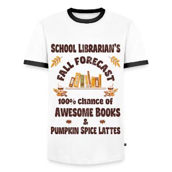 School librarian, books & Pumpkin spice lattes - Men's Ringer Shirt - white/black - Front - AI Model Female 172 light (172cm) & AI Model Male 178 dark (178cm)