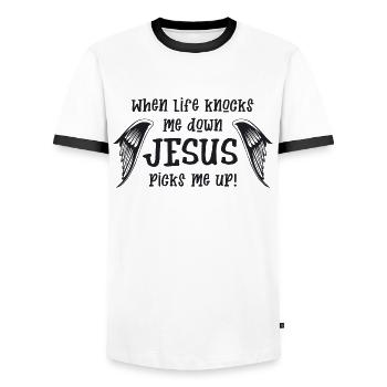Jesus picks me up - Männer Kontrast-T-Shirt - Weiß/Schwarz - Vorne - AI Model Female 172 light (172cm) & AI Model Male 178 dark (178cm)